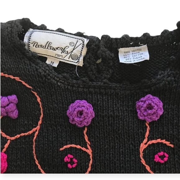 Vintage Needleworks hand knitted chunky cotton sweater, Flower Embroideries,  si - Picture 14 of 15